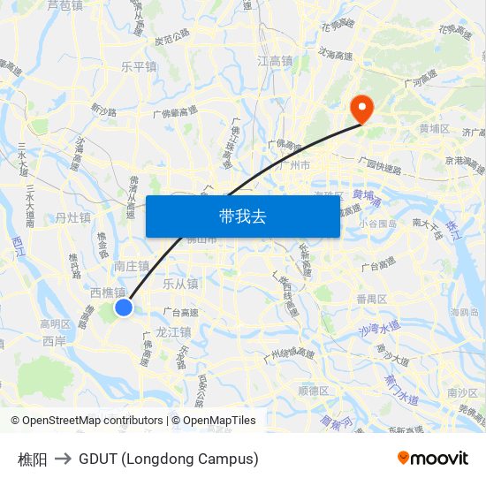 樵阳 to GDUT (Longdong Campus) map