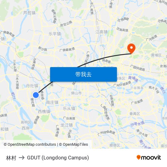 林村 to GDUT (Longdong Campus) map