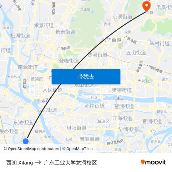 西朗 Xilang to 广东工业大学龙洞校区 map