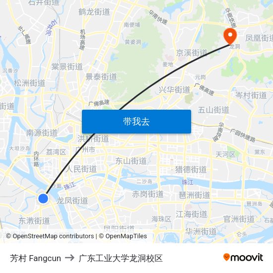 芳村 Fangcun to 广东工业大学龙洞校区 map