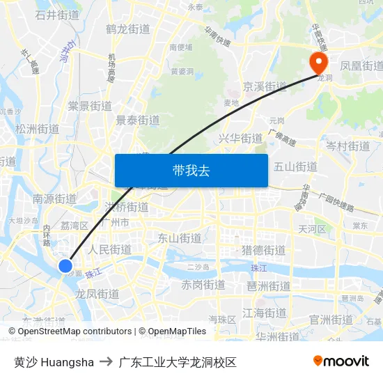 黄沙 Huangsha to 广东工业大学龙洞校区 map