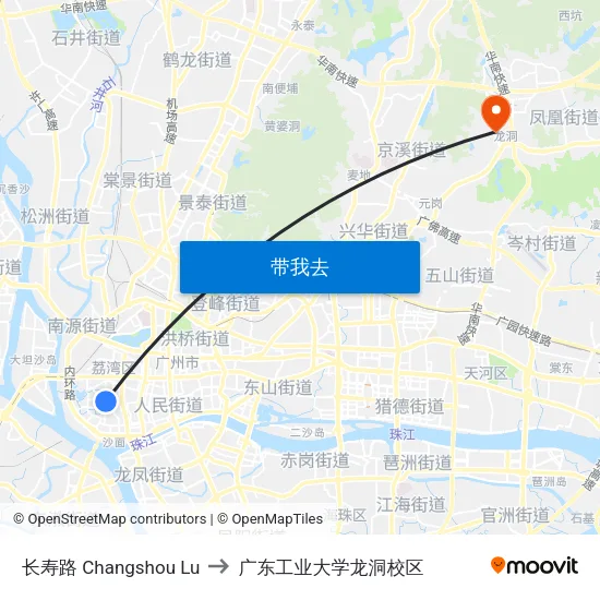 长寿路 Changshou Lu to 广东工业大学龙洞校区 map