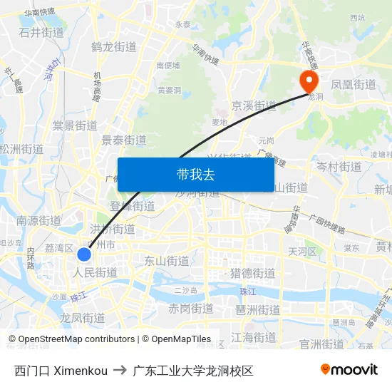 西门口 Ximenkou to 广东工业大学龙洞校区 map