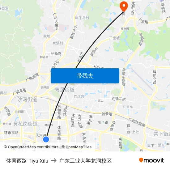 体育西路 Tiyu Xilu to 广东工业大学龙洞校区 map