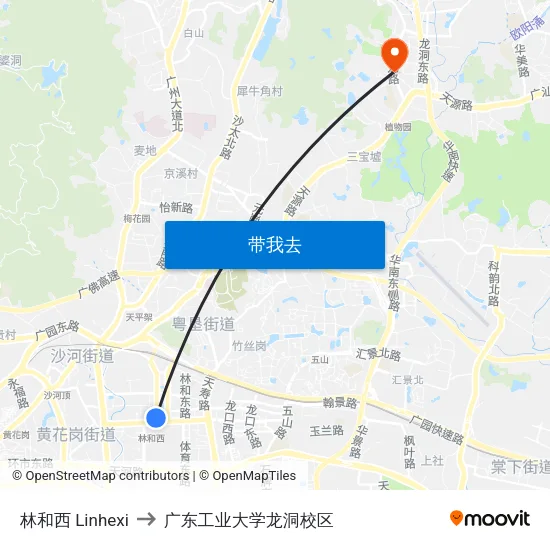 林和西 Linhexi to 广东工业大学龙洞校区 map