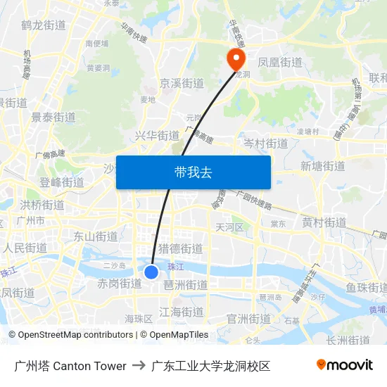 广州塔 Canton Tower to 广东工业大学龙洞校区 map