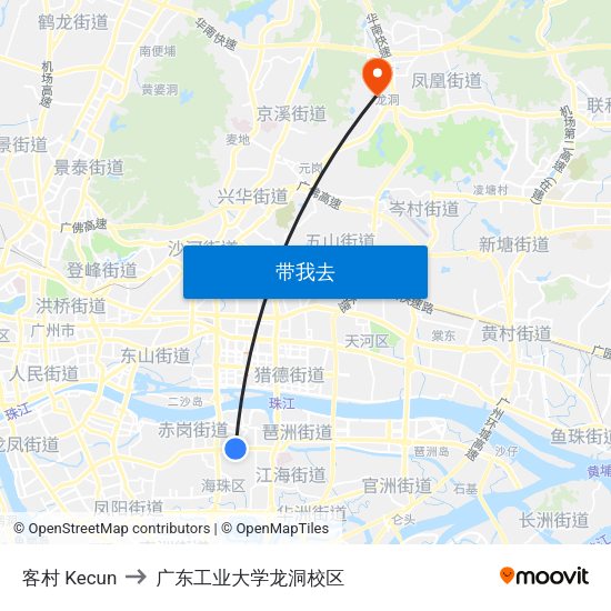 客村 Kecun to 广东工业大学龙洞校区 map