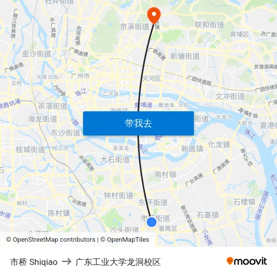 市桥 Shiqiao to 广东工业大学龙洞校区 map