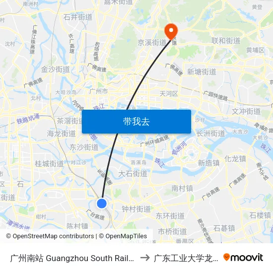 广州南站 Guangzhou South Railway Station to 广东工业大学龙洞校区 map