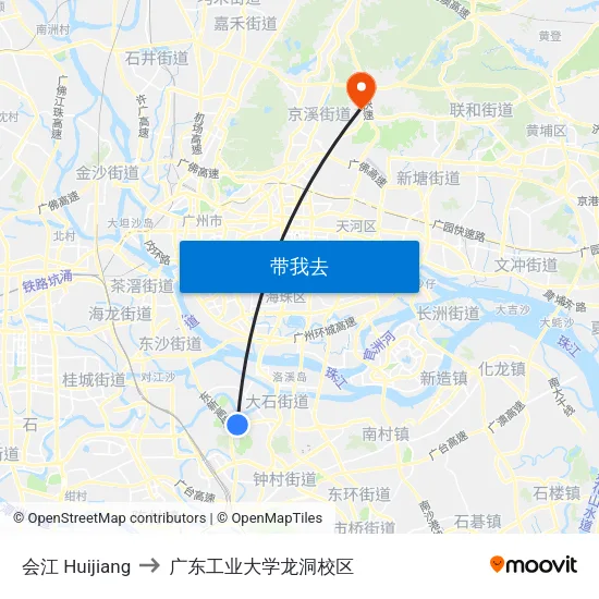 会江 Huijiang to 广东工业大学龙洞校区 map