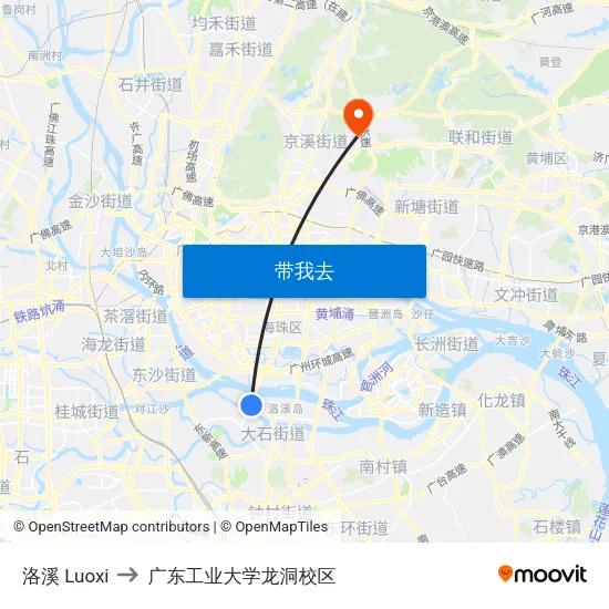 洛溪 Luoxi to 广东工业大学龙洞校区 map