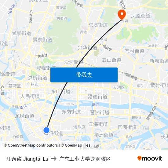江泰路 Jiangtai Lu to 广东工业大学龙洞校区 map