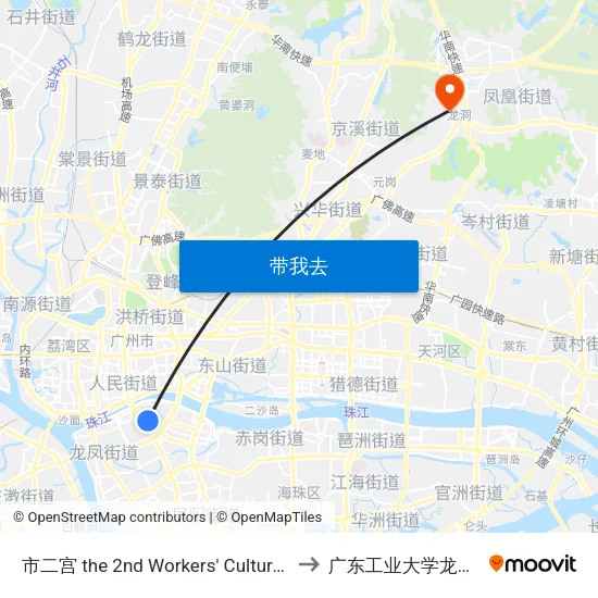 市二宫 the 2nd Workers' Cultural Palace to 广东工业大学龙洞校区 map