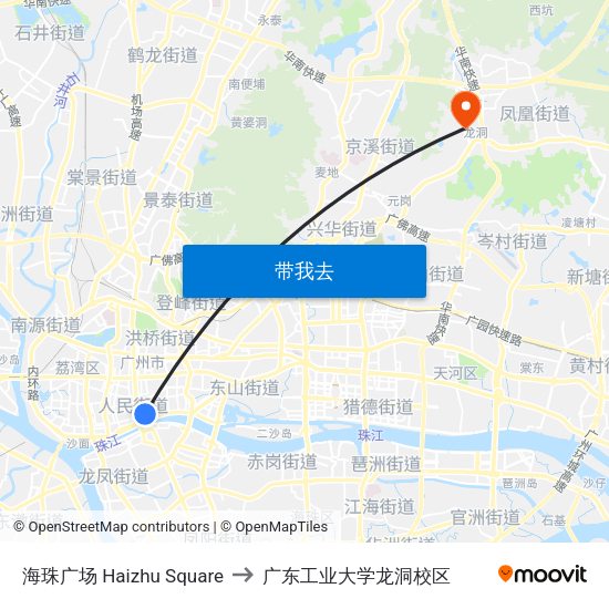 海珠广场 Haizhu Square to 广东工业大学龙洞校区 map
