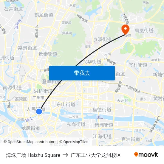 海珠广场 Haizhu Square to 广东工业大学龙洞校区 map