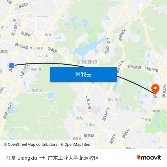 江夏 Jiangxia to 广东工业大学龙洞校区 map