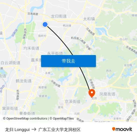 龙归 Longgui to 广东工业大学龙洞校区 map