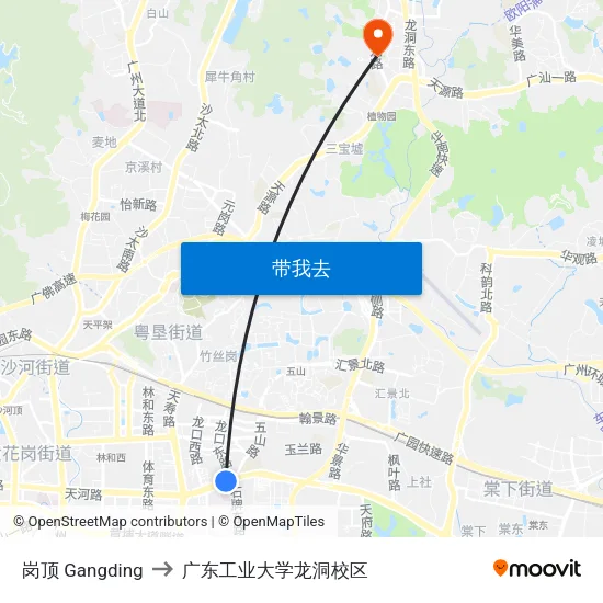 岗顶 Gangding to 广东工业大学龙洞校区 map