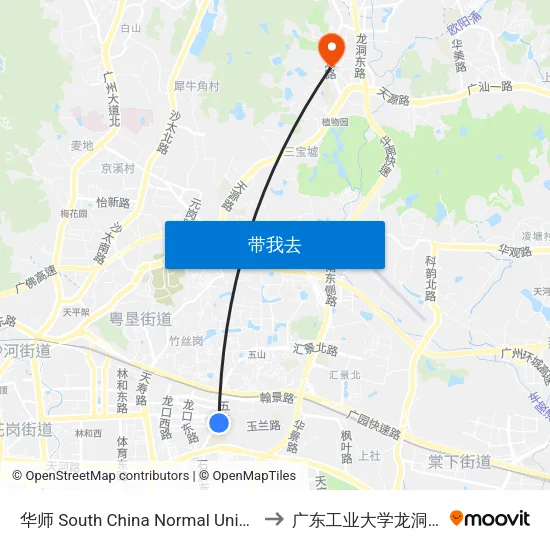 华师 South China Normal University to 广东工业大学龙洞校区 map