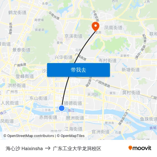 海心沙 Haixinsha to 广东工业大学龙洞校区 map