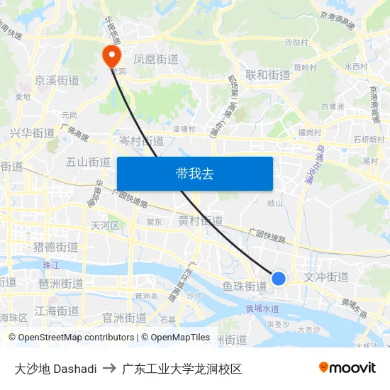 大沙地 Dashadi to 广东工业大学龙洞校区 map