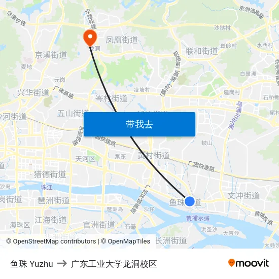 鱼珠 Yuzhu to 广东工业大学龙洞校区 map
