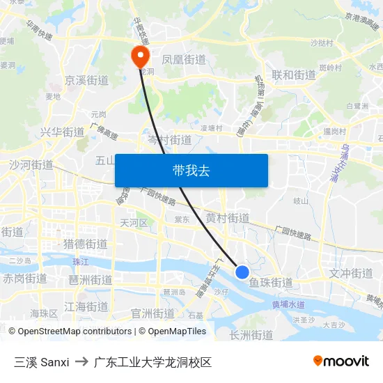 三溪 Sanxi to 广东工业大学龙洞校区 map