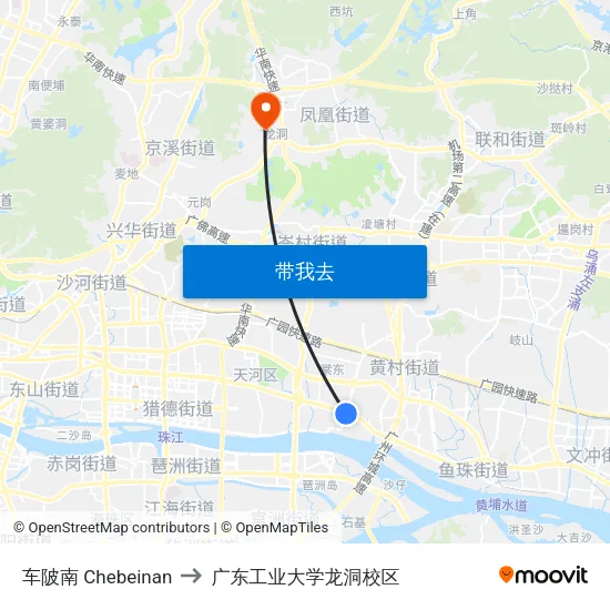车陂南 Chebeinan to 广东工业大学龙洞校区 map