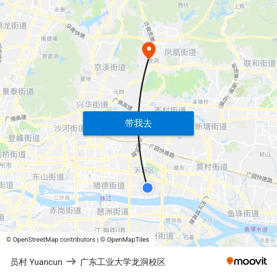 员村 Yuancun to 广东工业大学龙洞校区 map