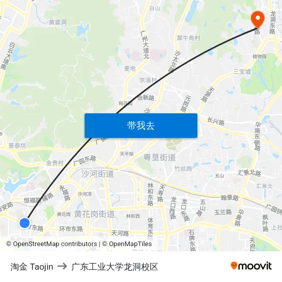 淘金 Taojin to 广东工业大学龙洞校区 map