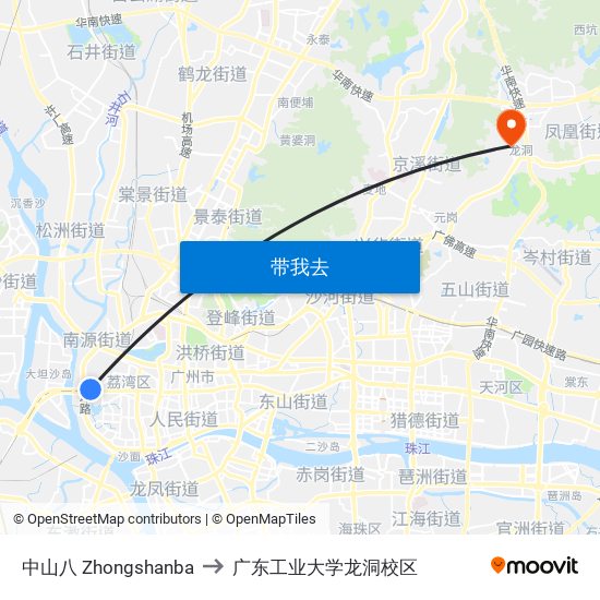 中山八 Zhongshanba to 广东工业大学龙洞校区 map