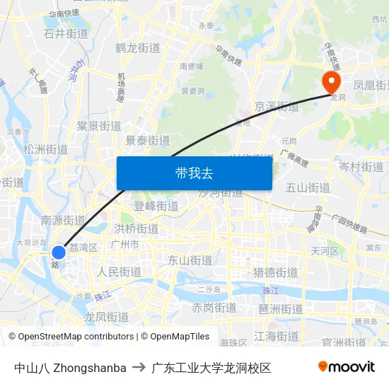中山八 Zhongshanba to 广东工业大学龙洞校区 map