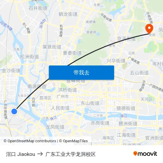 滘口 Jiaokou to 广东工业大学龙洞校区 map