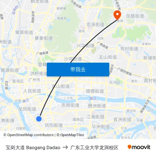 宝岗大道 Baogang Dadao to 广东工业大学龙洞校区 map