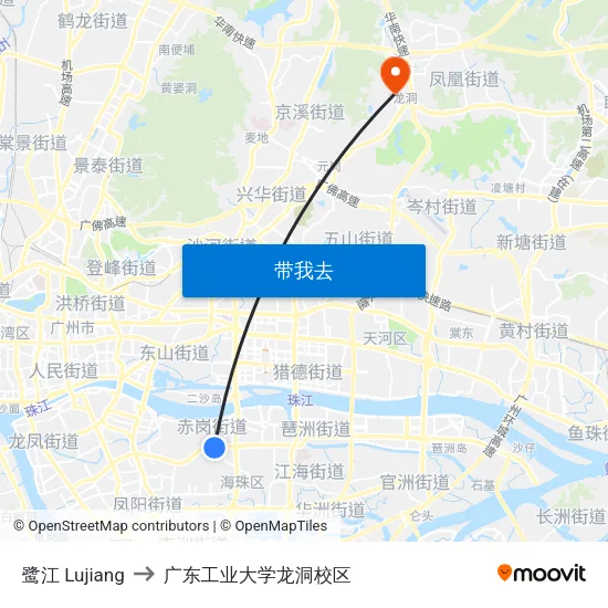 鹭江 Lujiang to 广东工业大学龙洞校区 map