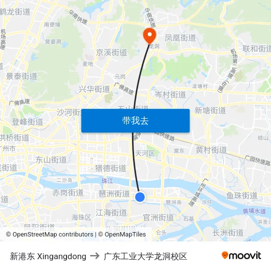 新港东 Xingangdong to 广东工业大学龙洞校区 map
