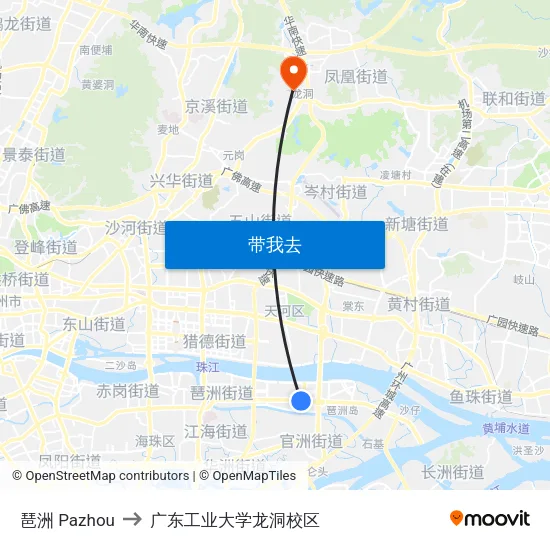 琶洲 Pazhou to 广东工业大学龙洞校区 map