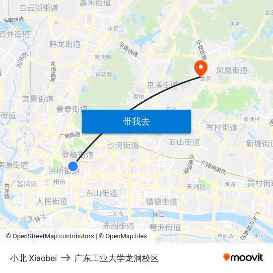 小北 Xiaobei to 广东工业大学龙洞校区 map