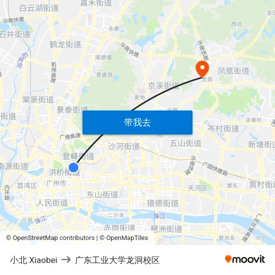 小北 Xiaobei to 广东工业大学龙洞校区 map