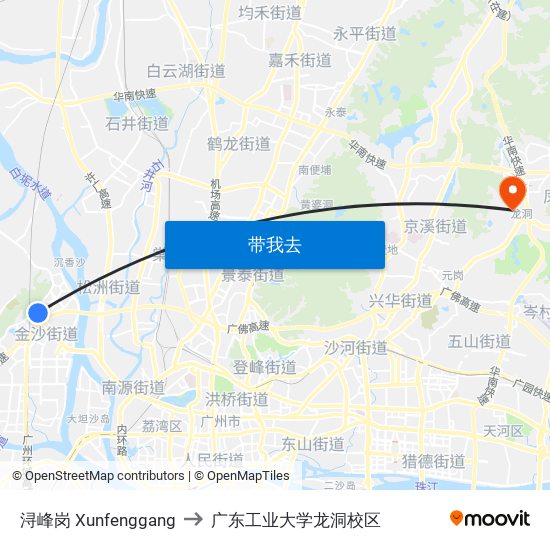 浔峰岗 Xunfenggang to 广东工业大学龙洞校区 map