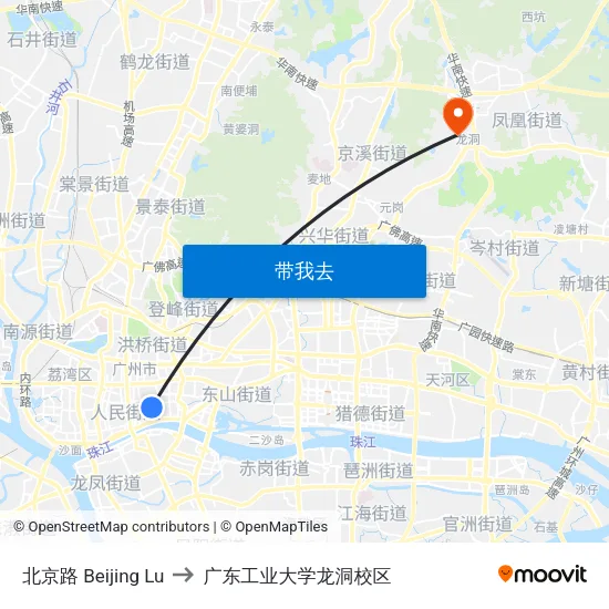 北京路 Beijing Lu to 广东工业大学龙洞校区 map