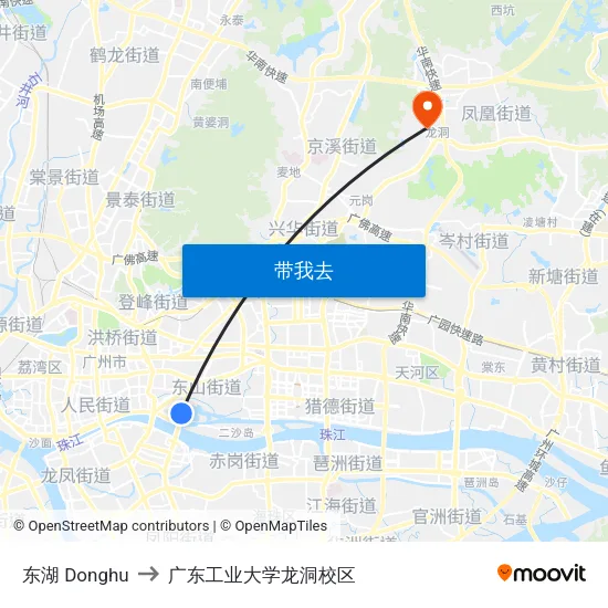 东湖 Donghu to 广东工业大学龙洞校区 map