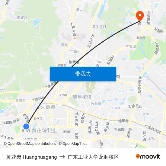 黄花岗 Huanghuagang to 广东工业大学龙洞校区 map