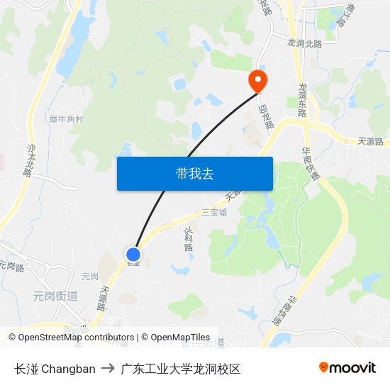 长湴 Changban to 广东工业大学龙洞校区 map