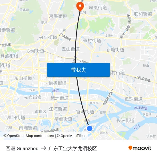 官洲 Guanzhou to 广东工业大学龙洞校区 map