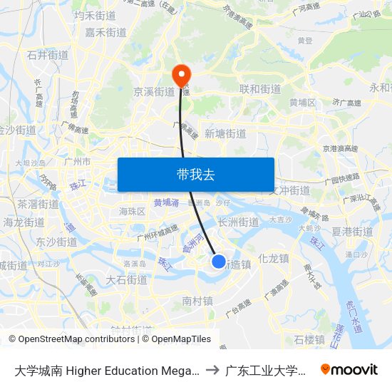 大学城南 Higher Education Mega Center South to 广东工业大学龙洞校区 map
