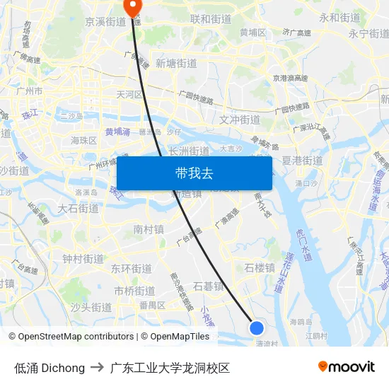 低涌 Dichong to 广东工业大学龙洞校区 map