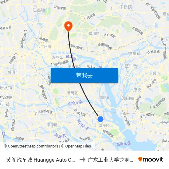 黄阁汽车城 Huangge Auto Center to 广东工业大学龙洞校区 map