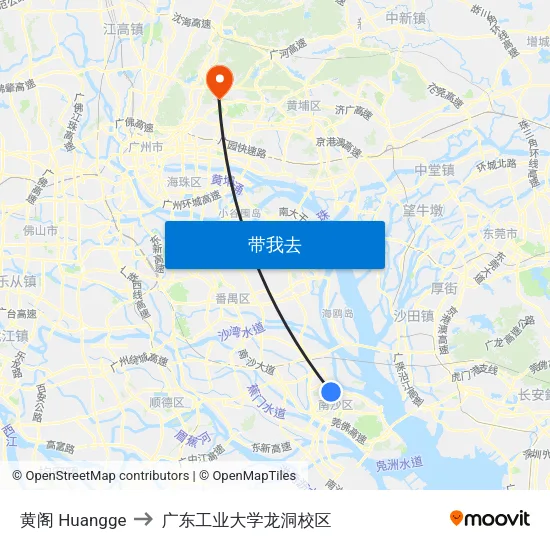 黄阁 Huangge to 广东工业大学龙洞校区 map