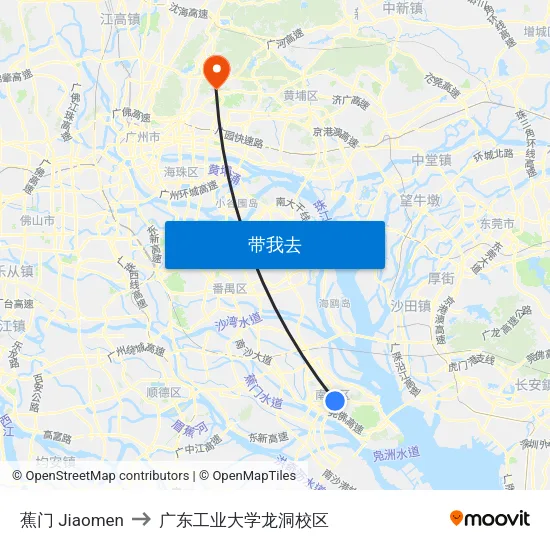 蕉门 Jiaomen to 广东工业大学龙洞校区 map